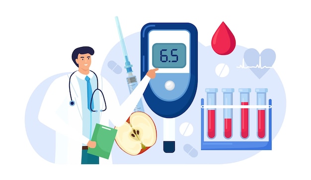 Vector los médicos analizan la sangre para determinar la glucosa, utilizando un glucómetro. diagnóstico de hipoglucemia o diabetes. equipo de laboratorio y jeringa. médico midiendo el nivel de azúcar