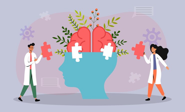 Médicos colaborando para resolver rompecabezas de salud mental con una ilustración creativa del cerebro en una oficina