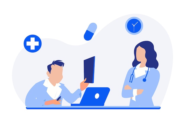 Médicos discutiendo los informes de los pacientes