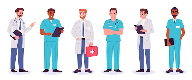 Médicos y enfermeras masculinos Terapeuta paramédico y enfermero masculino Trabajadores de clínicas médicas Conjunto de ilustraciones vectoriales planas Personal profesional del hospital