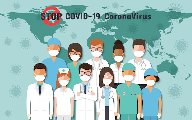 Vector médicos, enfermeras y personas de todo el mundo con máscaras faciales luchando por coronavirus, covid-19 en el mapa mundial.