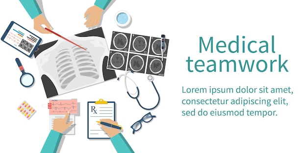 Médicos del equipo médico en el escritorio equipo médico de diagnóstico documentos de investigación concepto de atención médica trabajo en equipo de médicos cirujanos del grupo ilustración vectorial de diseño plano banner web