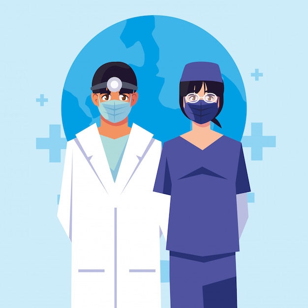 Médicos de hombre y mujer con uniformes y máscaras frente a cruces diseño vectorial