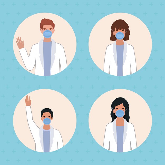 Médicos hombres y mujeres con máscaras contra