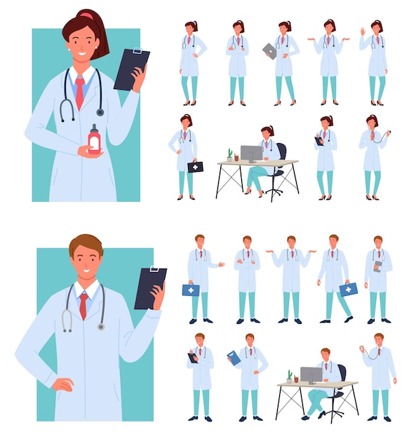 Vector los médicos masculinos posan el conjunto de ilustración infografía.