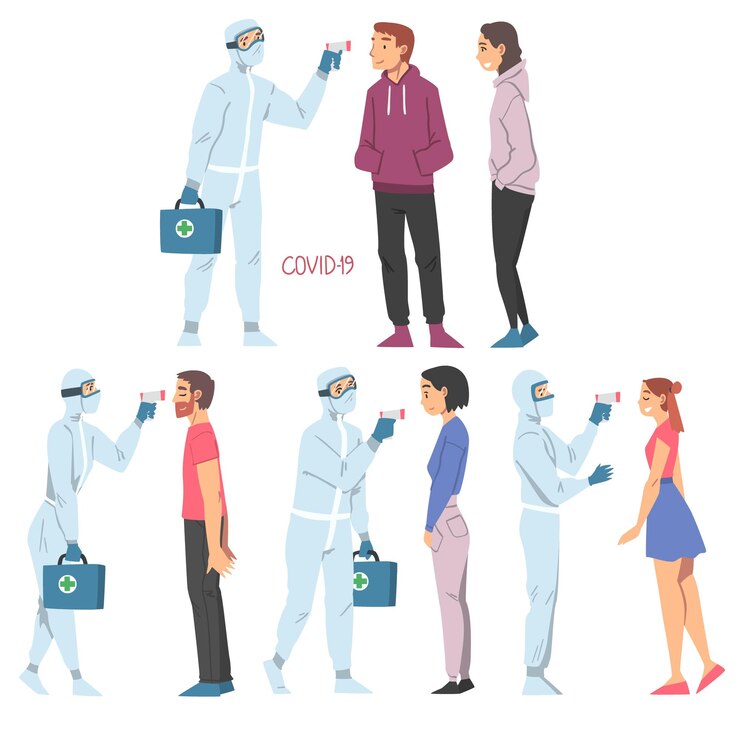 Vector los médicos miden la temperatura de las personas con un escáner de temperatura corporal los profesionales médicos en trajes de protección comprueban la temperatura para controlar la infección por coronavirus ilustración del vector