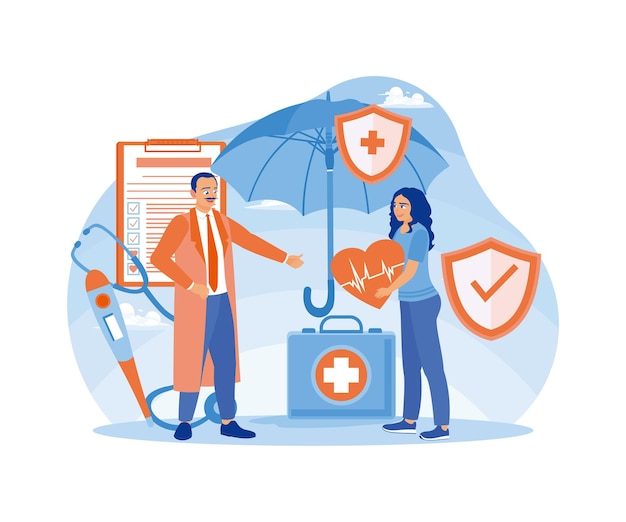 Los médicos y los pacientes están bajo el paraguas del seguro Los médicos proporcionan servicios de salud y seguros de vida El concepto de seguro de salud Ilustración de vector plano