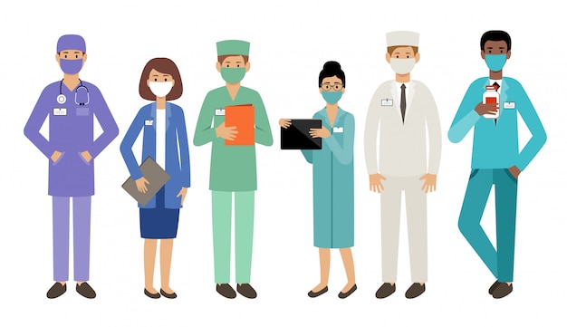 Médicos de personas con máscaras médicas. Epidemia. Virólogos