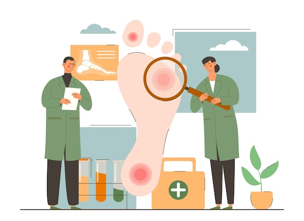 Los médicos de podología masculinos y femeninos están examinando el pie del paciente con el concepto de ampliación del médico