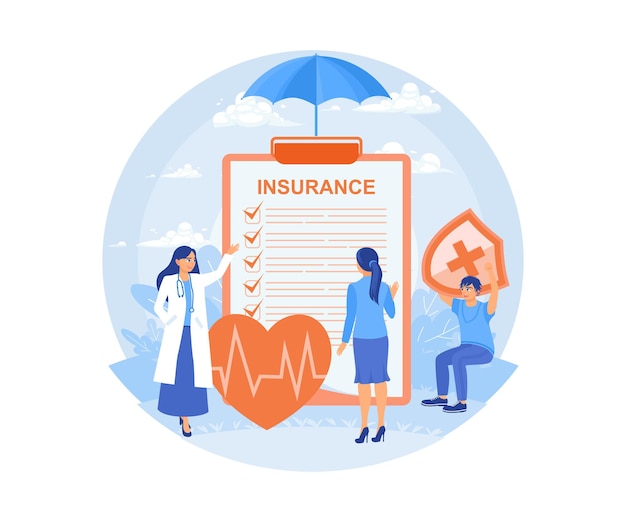 Los médicos proporcionan servicios de seguros de salud y de vida Invite a los pacientes a llenar formularios de seguro de salud Concepto de seguro de enfermedad Ilustración vectorial plana