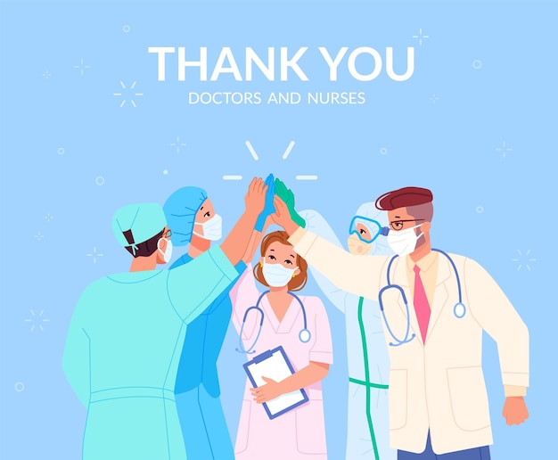 Los médicos que dan cinco equipos médicos dan 5 felices felicitaciones de trabajo en equipo al médico con un exitoso trabajador de la clínica de cirugía en máscara y guante mano ilustración de vector ostentoso