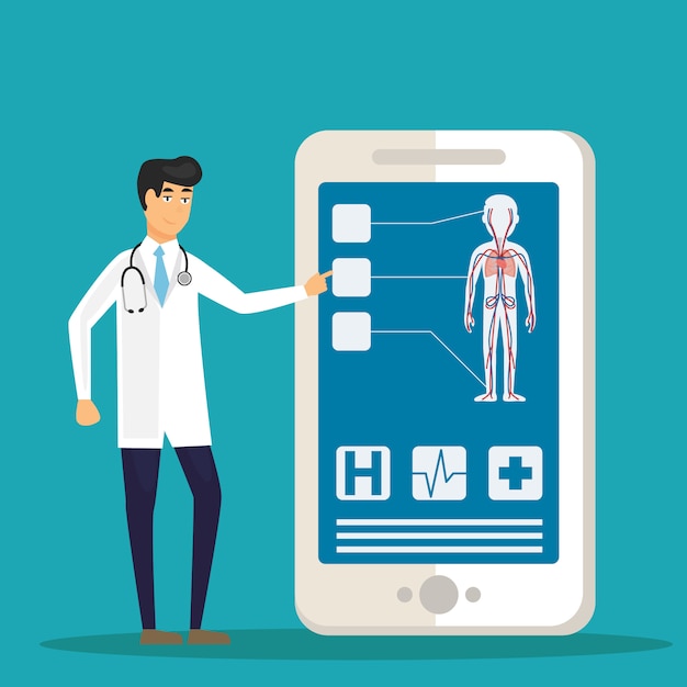 Médicos que examinan a un paciente usando una aplicación médica en un teléfono inteligente, consulta médica en línea y concepto de tecnología