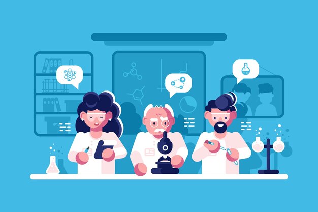 Médicos que trabajan en la investigación de la ilustración de laboratorio.