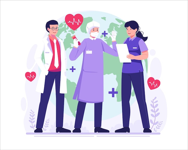Vector médicos y trabajadores médicos celebran el día mundial de la salud ilustración