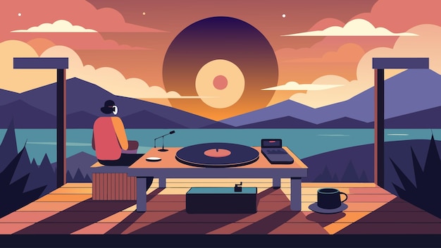 Vector a medida que el sol se pone en la fiesta al aire libre el dj crea una mezcla tranquilizadora y soñadora usando discos de vinilo para