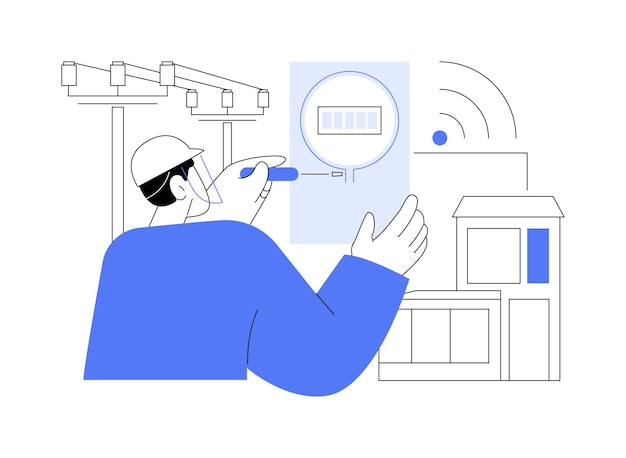 Medidor inteligente concepto abstracto vector ilustración El hombre comprueba el medidor eléctrico inteligente ecología industria fuentes de energía sostenibles tecnología de hogar inteligente monitoreo de electricidad metáfora abstracta