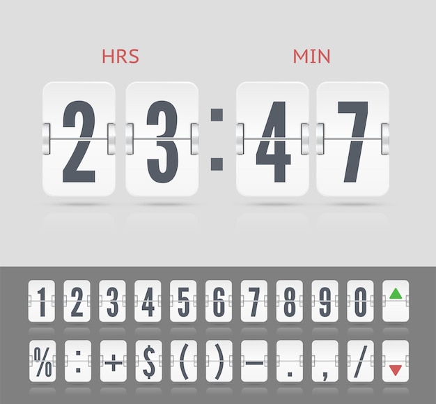 Vector medidor de tiempo antiguo vectorial de número y símbolo temporizador de cuenta regresiva de tablero de aeropuerto con volteo analógico blanco tablero de indicadores retro interfaz de usuario moderna