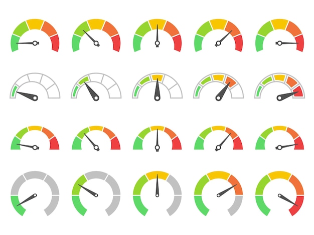Medidor de velocidad medidor medidor de color medidor de tablero indicadores de niveles de riesgo rango análisis de UI puntuación de crédito y seguimiento del estado del medidor de velocidad gráfico infográfico conjunto vectorial