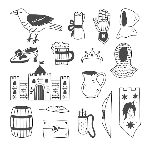 Medieval Doodle Elements Set colección de símbolos y objetos antiguos de la Edad Media