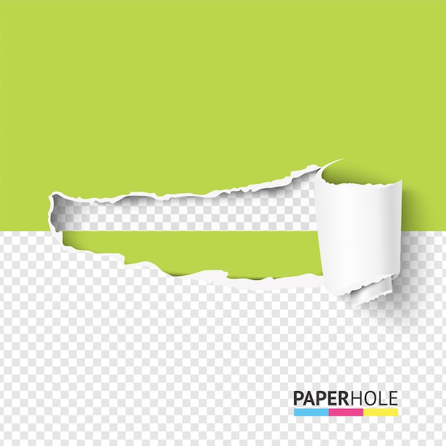 Vector medio agujero de papel rasgado en blanco con borde rasgado.