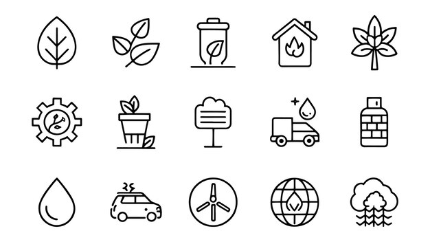 Medio ambiente y ecosistemas relacionados con la línea negra minimalista 15 pcs de iconos aislados en fondo blanco
