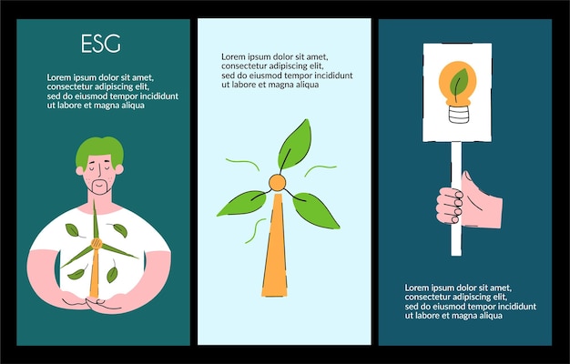 Medio ambiente sostenible conjunto verde de plantillas de diseño volantes esg concepto vector ilustración dibujada a mano