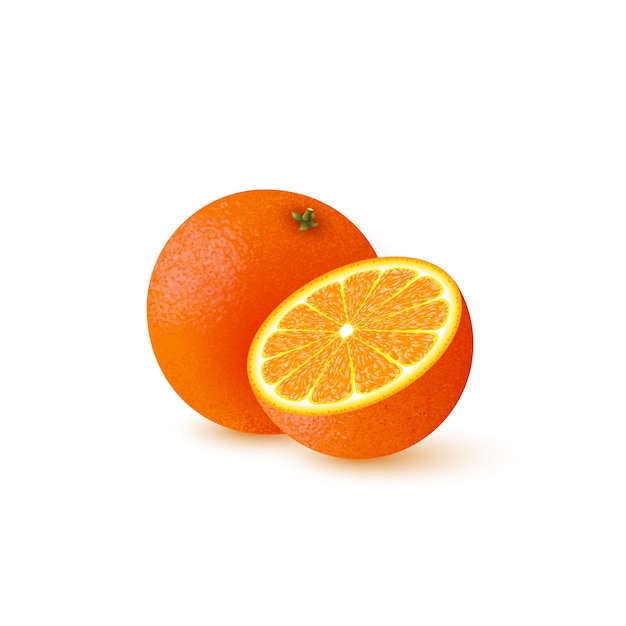 Vector medio corte realista y naranja entera.