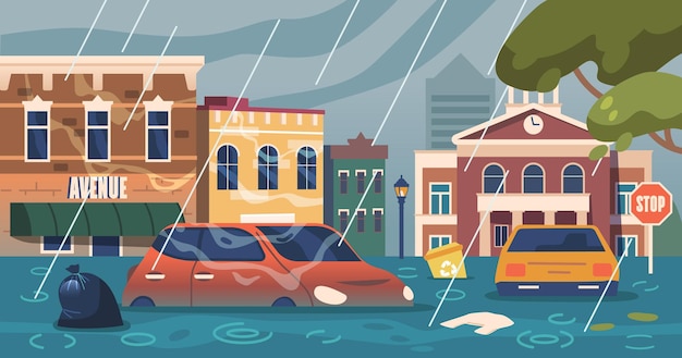 Vector en medio de un desastre de inundación, la ciudad se transforma en un caos acuoso, calles sumergidas, edificios abandonados y vidas perturbadas mientras el diluvio causa estragos, ilustración vectorial de dibujos animados