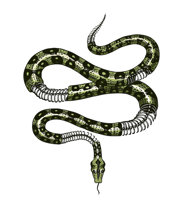 Vector medio esqueleto de una serpiente de leche en estilo vintage serpiente cobra o pitón o víbora venenosa dibujo de reptil antiguo dibujado a mano grabado para pegatinas de tatuajes, logotipos o camisetas