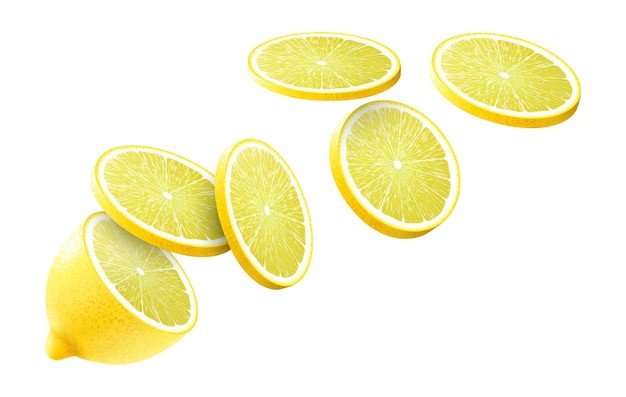Vector medio limón y rodajas voladoras de limón aisladas sobre fondo blanco ilustración vectorial 3d realista para publicitar sus productos