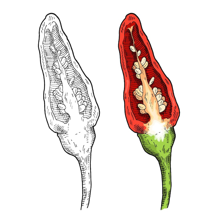 Vector medio pimiento rojo tabasco vintage vector eclosión de color y monocromo grabado aislado sobre fondo blanco diseño dibujado a mano