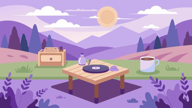 Vector en medio de un pintoresco campo de lavanda un tocadiscos portátil se sienta en una mesa de picnic