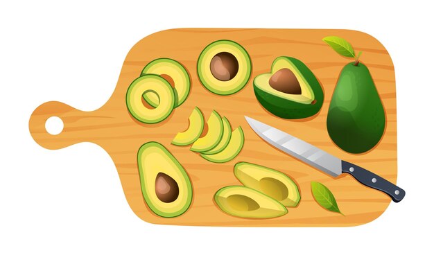 Medio y rebanadas frescas de aguacate con cuchillo en la tabla de corte Ilustración vectorial