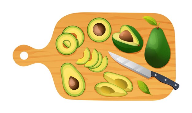 Vector medio y rebanadas frescas de aguacate con cuchillo en la tabla de corte ilustración vectorial