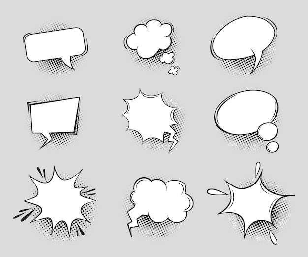 Medio tono de burbuja de voz vacía Burbujas cómicas de dibujos animados para texto hablar nubes arte pop hablar chat mensaje retro comunicación cuadro de diálogo forma efecto de sonido