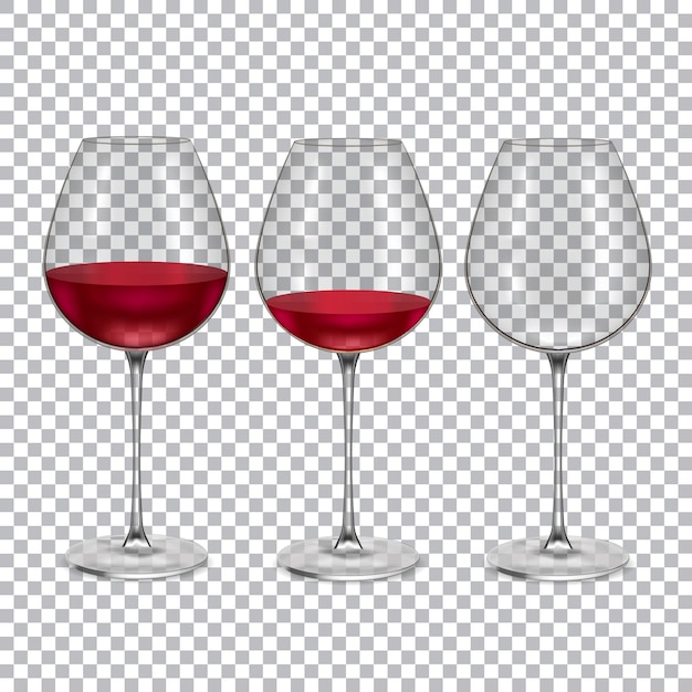 Vector medio vacío realista y vaso lleno y con juego de vino tinto bebida alcohólica ilustración vectorial