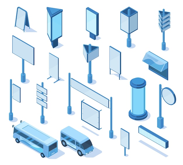 Medios de comunicación al aire libre calle isométrica publicidad vallas publicitarias en blanco 3d. vallas publicitarias de la calle vacía, señalización, conjunto de ilustración de vector de columna publicitaria. elementos de publicidad exterior cartelera isométrica al aire libre.