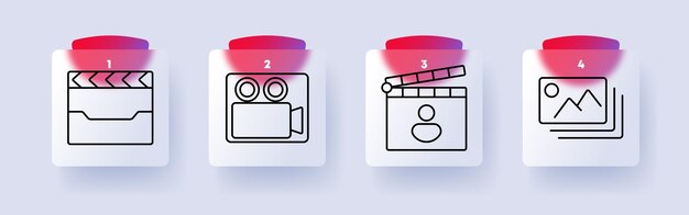 Medios de comunicación y entretenimiento icono de conjunto Clapperboard cámara de video director tablero galería de imágenes cine cine producción de video multimedia