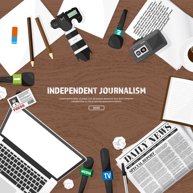 Vector medios de comunicación de masas con micrófono en una conferencia de prensa de estilo plano con corresponsal y