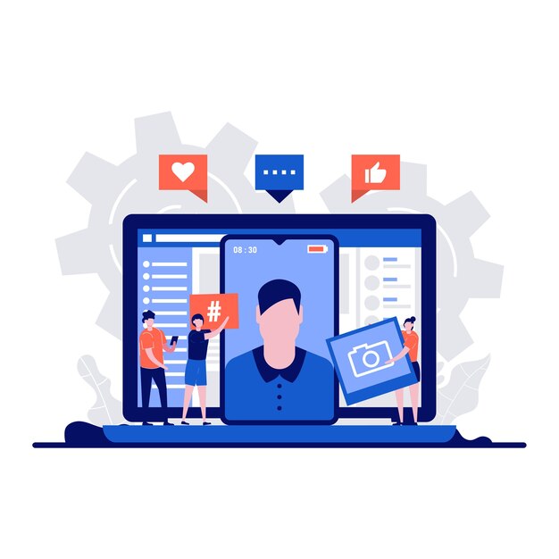 Medios de comunicación social, concepto de comunicación con carácter. Personas que aumentan los seguidores en las redes sociales con estrategias de marketing exitosas. Diseño plano creativo para banner web, publicidad online.