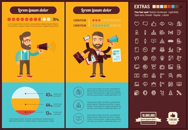 Vector medios de comunicación social diseño plano infografía plantilla e iconos conjunto