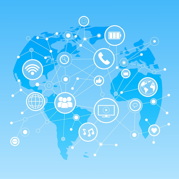Vector medios iconos sociales sobre concepto de la conexión de la comunicación de la red del fondo del mapa del mundo
