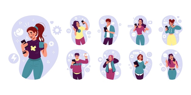 Medios de negocios Trabajo social persona plantilla plana de dibujos animados mujer y hombre conmutación web contenido de blog post icono de redes sociales teléfono red de chat aplicación como Vector ordenado dispositivo móvil