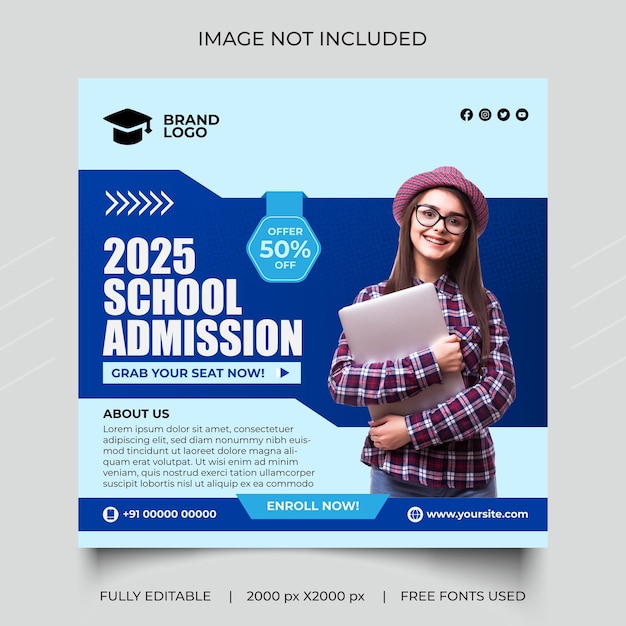 Medios sociales Después de la escuela de diseño Admisiones de estudiantes Abierto cartel azul