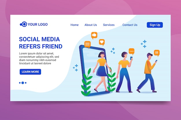 Vector medios sociales refiere amigo página de aterrizaje