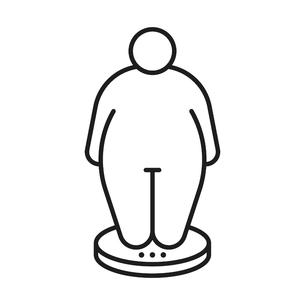 Medir el cuerpo de la persona en la balanza de control pesar la línea del icono obeso figura gorda y hombre de gran tamaño
