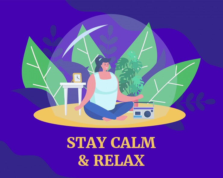 Vector la meditación ayuda a mantener la calma y relajarse, ilustración. mujer en pose de yoga, meditando y cuidando la salud durante la cuarentena.