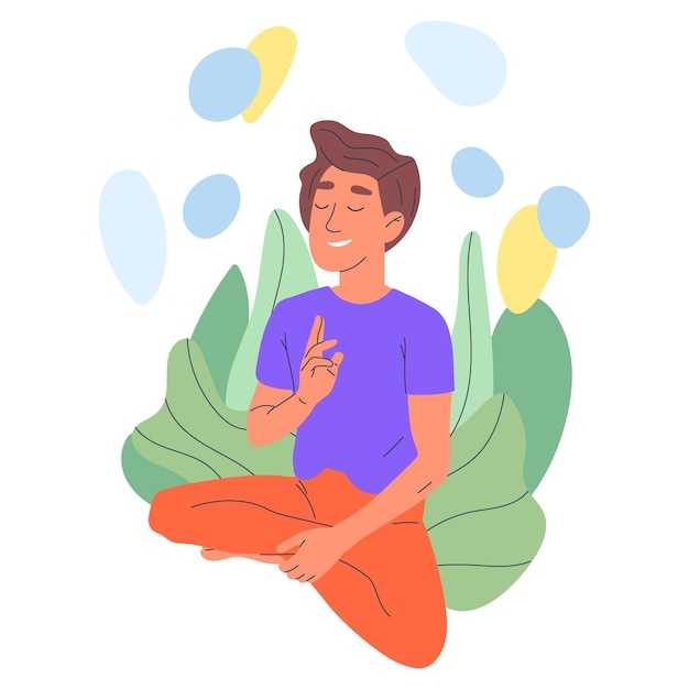 Vector meditación de carácter masculino meditación de yoga en posición de loto relajante hombre consciente respiración y equilibrio entrenamiento ilustración vectorial plana sobre fondo blanco