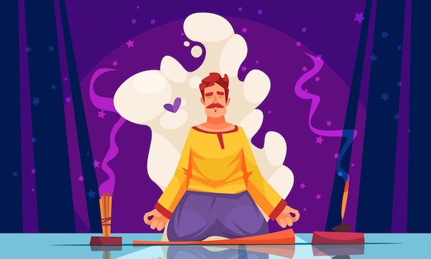 Meditación con composición de dibujos animados de aromaterapia hombre en pose de yoga meditando en ilustración de vector de humo de aroma de incienso de palo