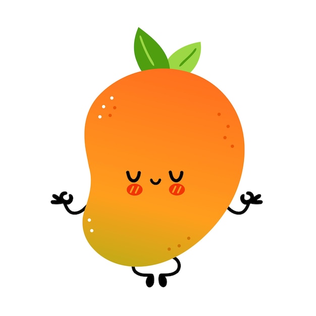 Meditación de fruta de mango divertido lindo. Vector icono de ilustración de personaje de kawaii de dibujos animados dibujados a mano. Aislado sobre fondo blanco. Concepto de carácter de fruta exótica de mango